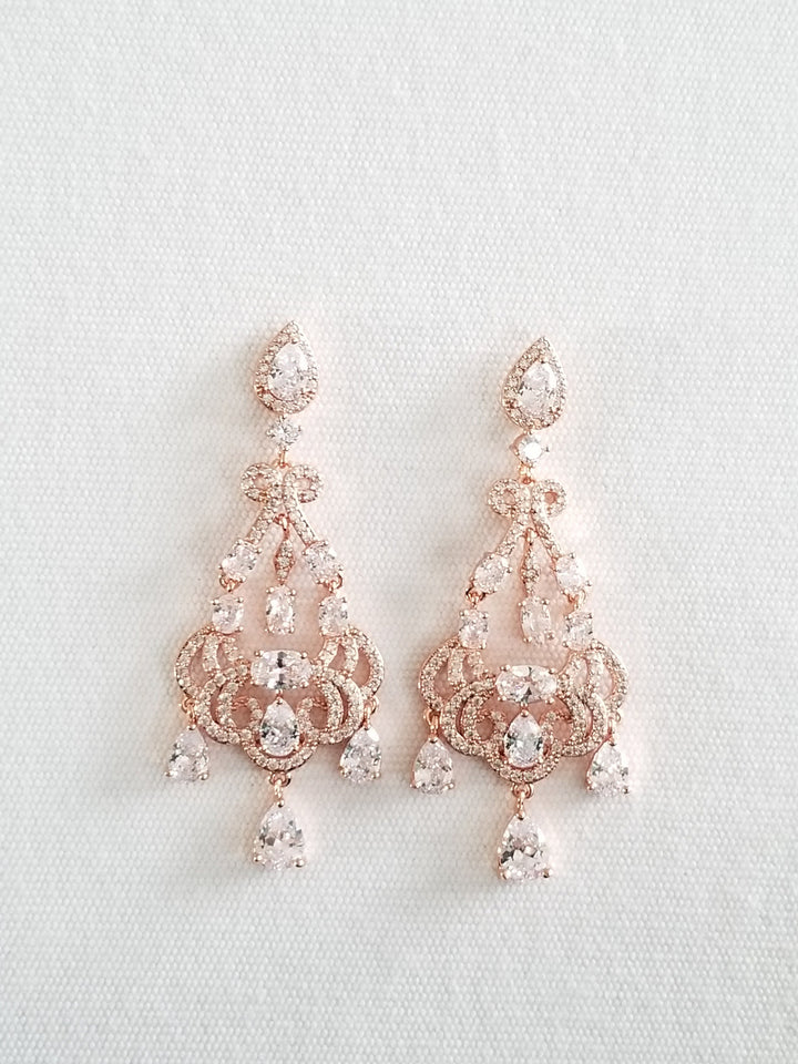 Rose Gold Long Wedding Earrings, Cubic Zirconia Rose Gold Bridal Earrings, Chandelier Bridal Earrings, Earrings for Bride - metal findings, cubic zirconia