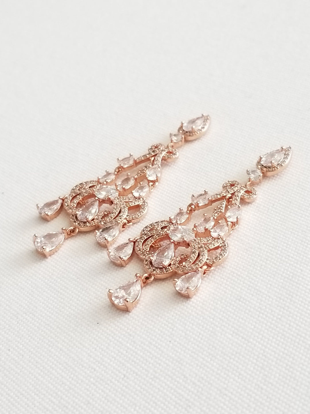 Rose Gold Long Wedding Earrings, Cubic Zirconia Rose Gold Bridal Earrings, Chandelier Bridal Earrings, Earrings for Bride - metal findings, cubic zirconia