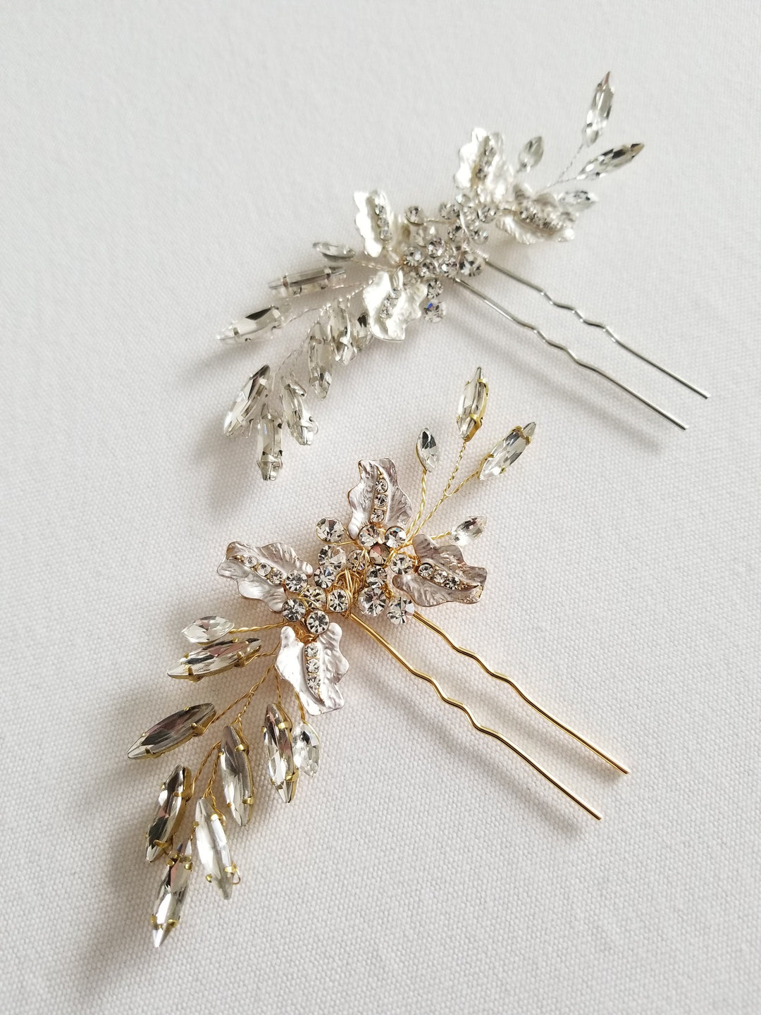 Silver Wedding Hair Pin, Floral Gold Bridal Hair Pin, Crystal Leaf Wedding Hair Pin - metal hairpin, wire, crystal rhinestones, metal leaves