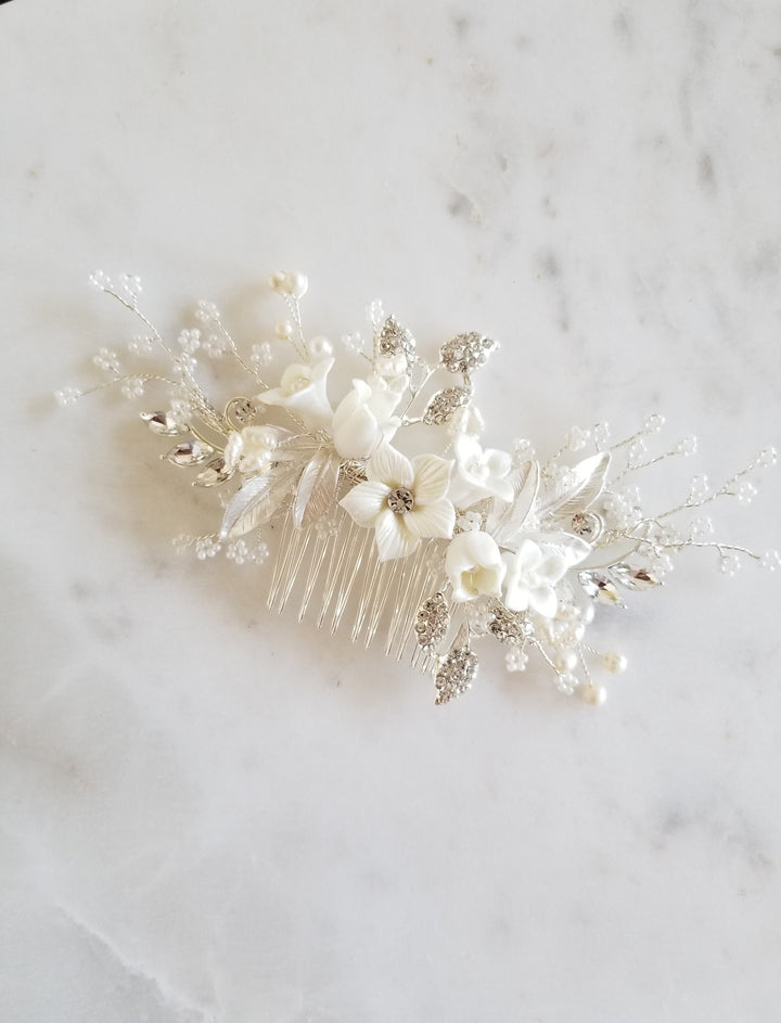 Bridal Hair Comb Rose Gold Clay Flower, Flower Wedding Hair Comb, Bridal Hair Comb - clay flower, freshwater pearls, clay flowers, seed beads, wire, metal comb, rhinestones, metal components