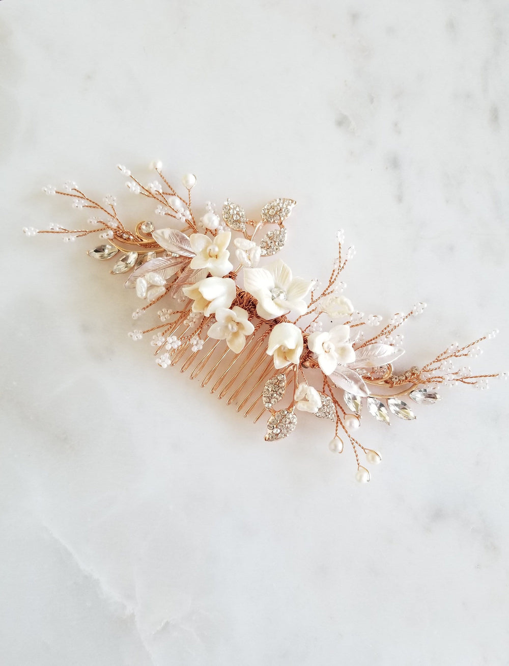 Bridal Hair Comb Rose Gold Clay Flower, Flower Wedding Hair Comb, Bridal Hair Comb - clay flower, freshwater pearls, clay flowers, seed beads, wire, metal comb, rhinestones, metal components