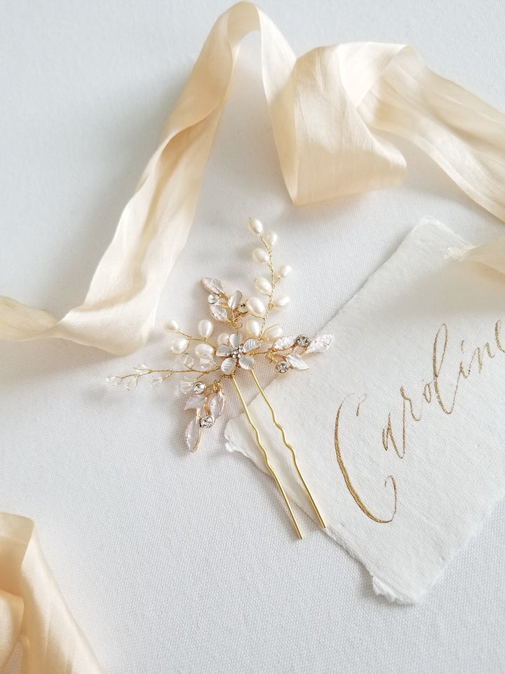 Gold Crystal Pearl Wedding Hair Pins, Silver Wedding Hair Pins Crystal & Pearl, Floral Bridal hair Pins - freshwater pearls, metal hair pins, rhinestones, metal leaves, metal flower, wire, crystals