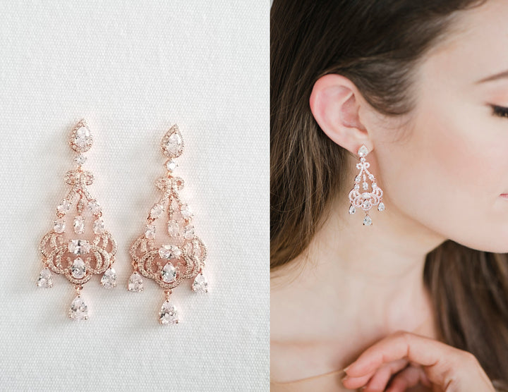 Rose Gold Long Wedding Earrings, Cubic Zirconia Rose Gold Bridal Earrings, Chandelier Bridal Earrings, Earrings for Bride - metal findings, cubic zirconia