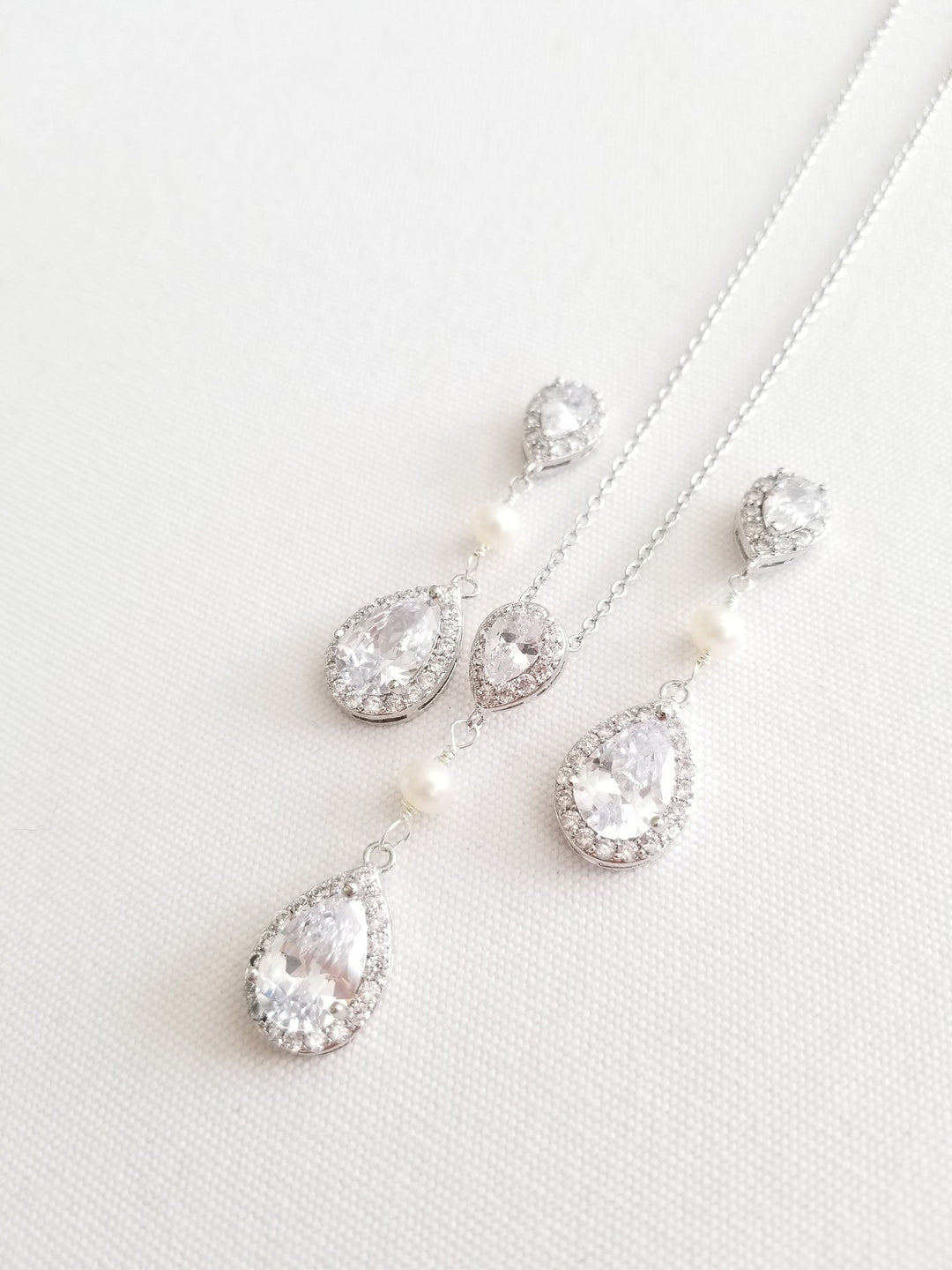 Rose Gold Bridal Jewelry Set, CZ Bridal Earrings, Wedding Jewelry, Bridal Necklace & Earrings - cubic zirconia stones, base metal chain, freshwater pearls