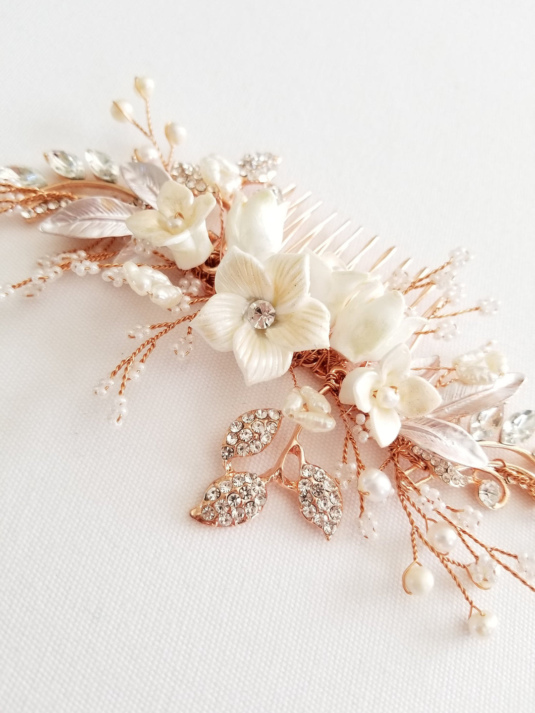 Bridal Hair Comb Rose Gold Clay Flower, Flower Wedding Hair Comb, Bridal Hair Comb - clay flower, freshwater pearls, clay flowers, seed beads, wire, metal comb, rhinestones, metal components