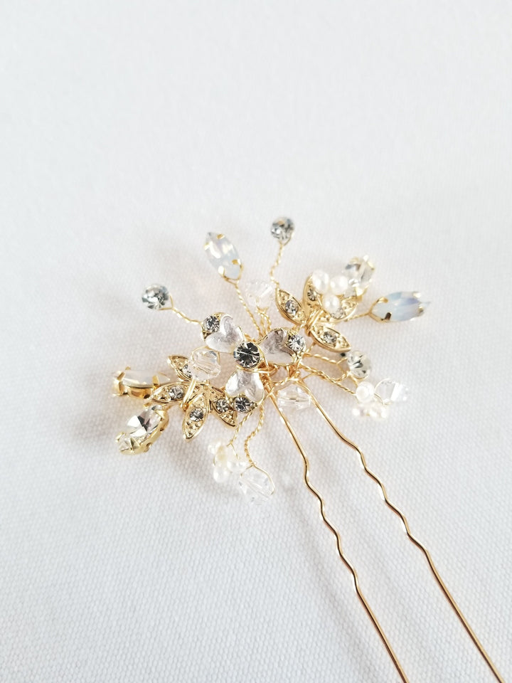 Gold Wedding Hair Pins, Floral Bridal Hair Pins, White Opal Crystals & Pearl Hair Pins For Bride, Crystal Bridal Hair Pins - metal hair pin, wire, metal leaves, rhinestones, freshwater pearls, crystals