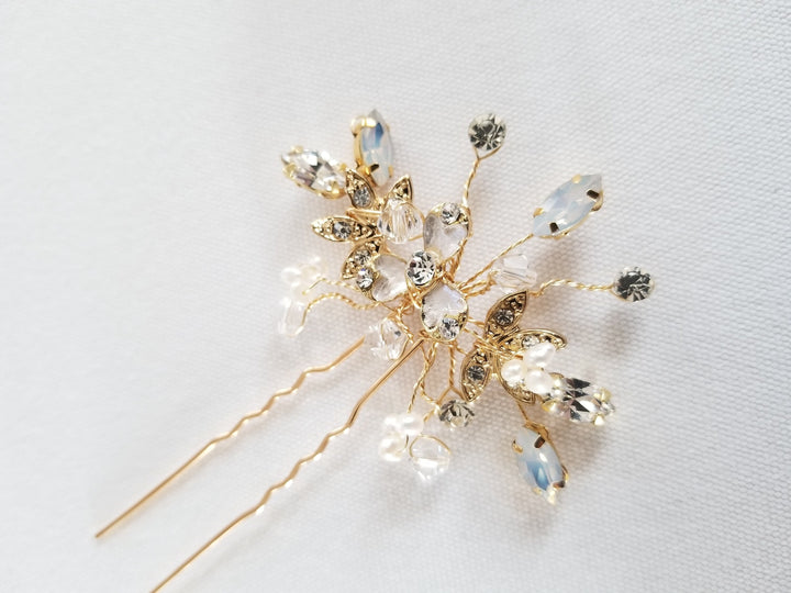 Gold Wedding Hair Pins, Floral Bridal Hair Pins, White Opal Crystals & Pearl Hair Pins For Bride, Crystal Bridal Hair Pins - metal hair pin, wire, metal leaves, rhinestones, freshwater pearls, crystals