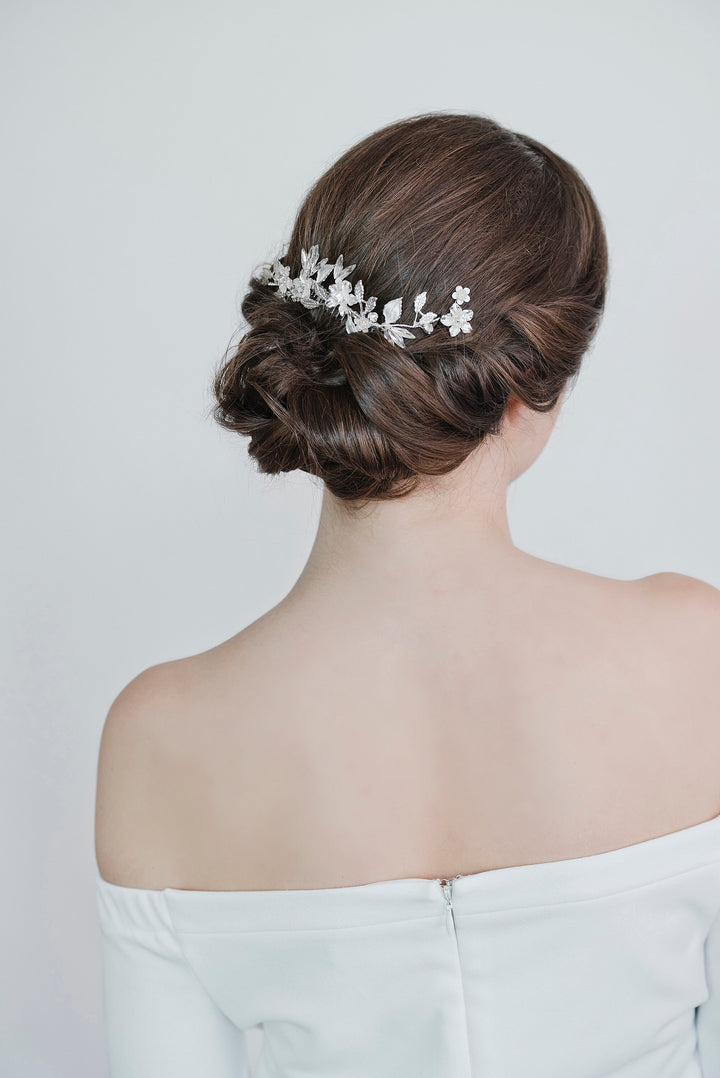 Floral Wedding Hair Comb, Crystal Gold Wedding Hairpiece, Gold Leaf Bridal Comb, Silver Bridal Headpiece - crystal rhinestones, metal comb, silver metal base, wire, metal leaves, metal flowers