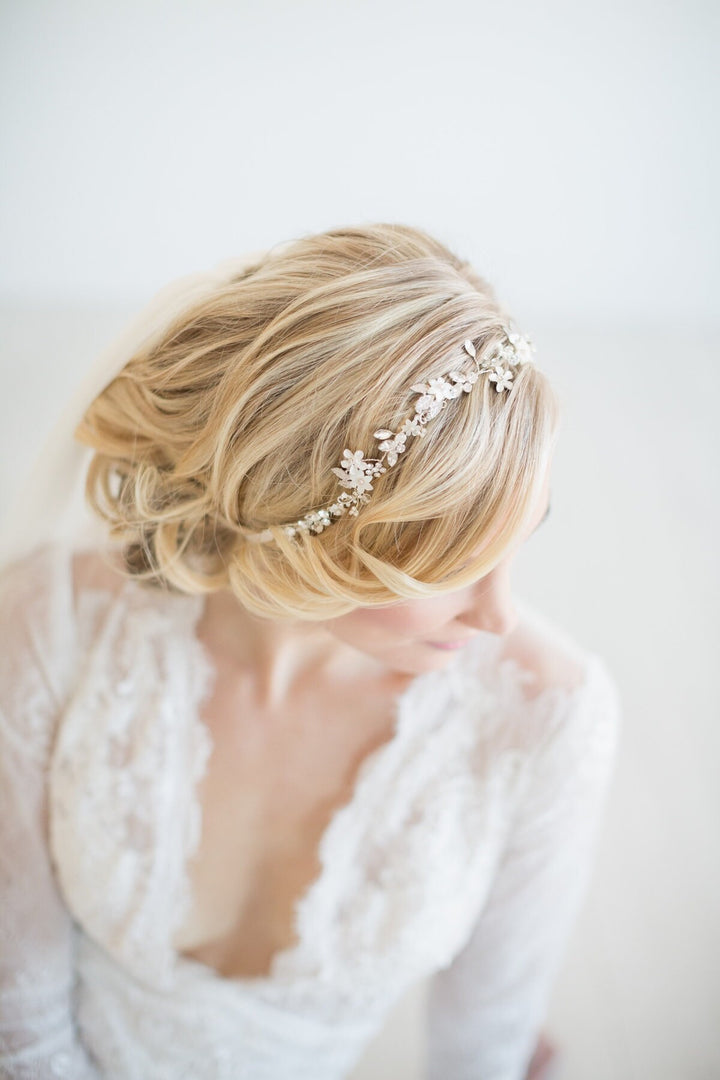 Wedding Floral Hair Vine, Silver Wedding Hair Vine, Gold Bridal Headpiece, Boho Headpiece, Bridal Hairpiece, Floral Wedding Hair Accessory - wire, crystal rhinestones, double sided ribbon, crystals, freshwater pearls, shell flowers, metal components, metal flowers, metal leaves