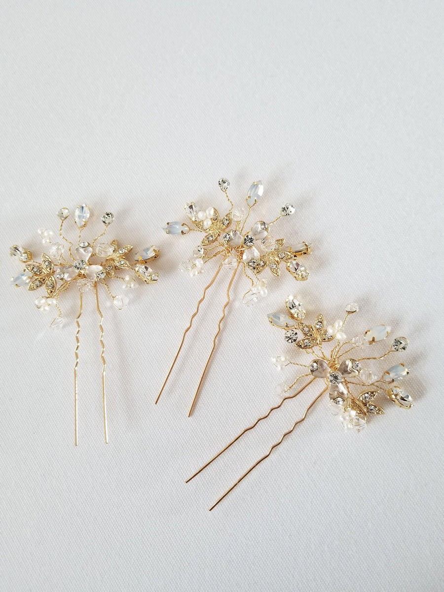 Gold Wedding Hair Pins, Floral Bridal Hair Pins, White Opal Crystals & Pearl Hair Pins For Bride, Crystal Bridal Hair Pins - metal hair pin, wire, metal leaves, rhinestones, freshwater pearls, crystals