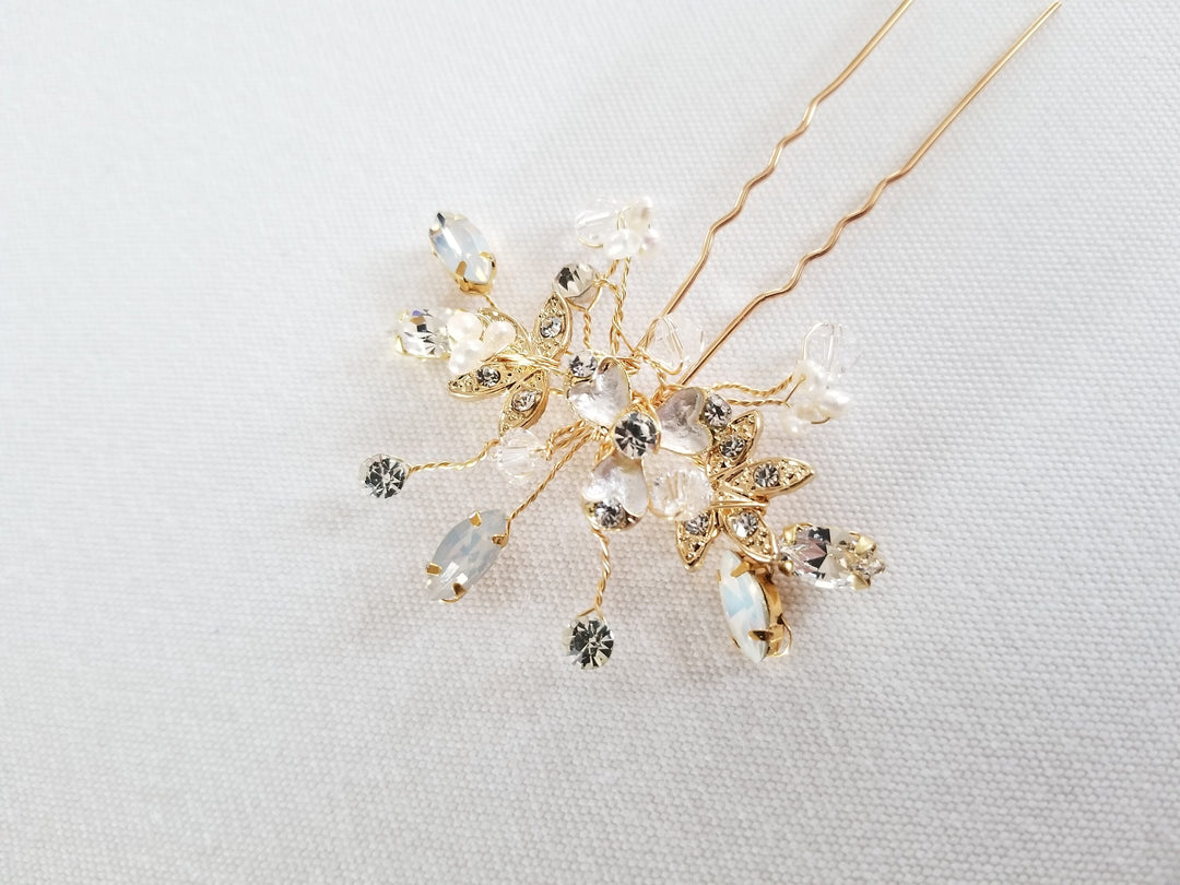 Gold Wedding Hair Pins, Floral Bridal Hair Pins, White Opal Crystals & Pearl Hair Pins For Bride, Crystal Bridal Hair Pins - metal hair pin, wire, metal leaves, rhinestones, freshwater pearls, crystals