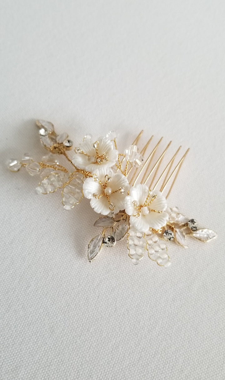 Wedding Hair Comb with Porcelain Flowers, Small Gold Floral Hair Comb for Bride, Crystal Clay Flower Bridal Hair Comb - clay flowers, seed beads, metal leaves, wire, metal comb, crystals, rhinestones