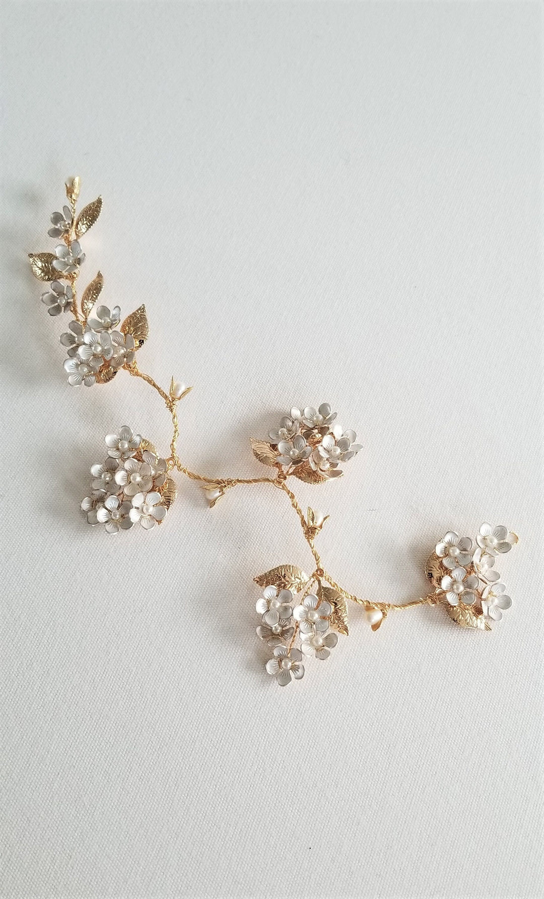 Gold Floral Wedding Hair Vine, Gold Wedding Headpiece, Gold Leaf Twig Bridal Hair Vine - metal leaves, wire, faux pearls, freshwater pearls, metal flowers