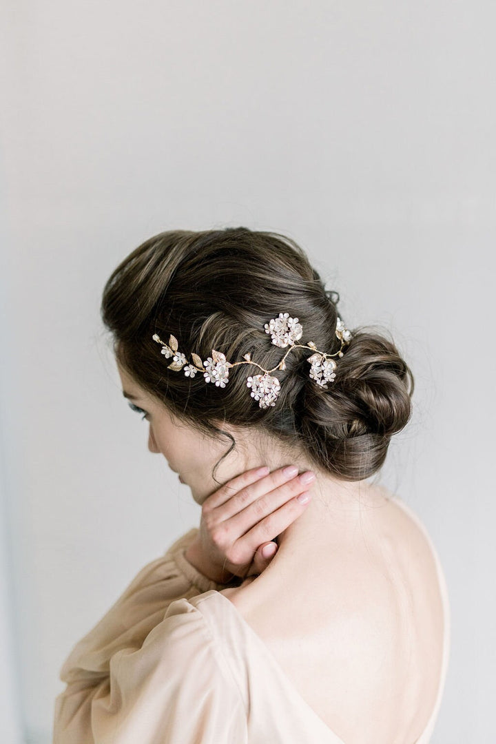 Gold Floral Wedding Hair Vine, Gold Wedding Headpiece, Gold Leaf Twig Bridal Hair Vine - metal leaves, wire, faux pearls, freshwater pearls, metal flowers