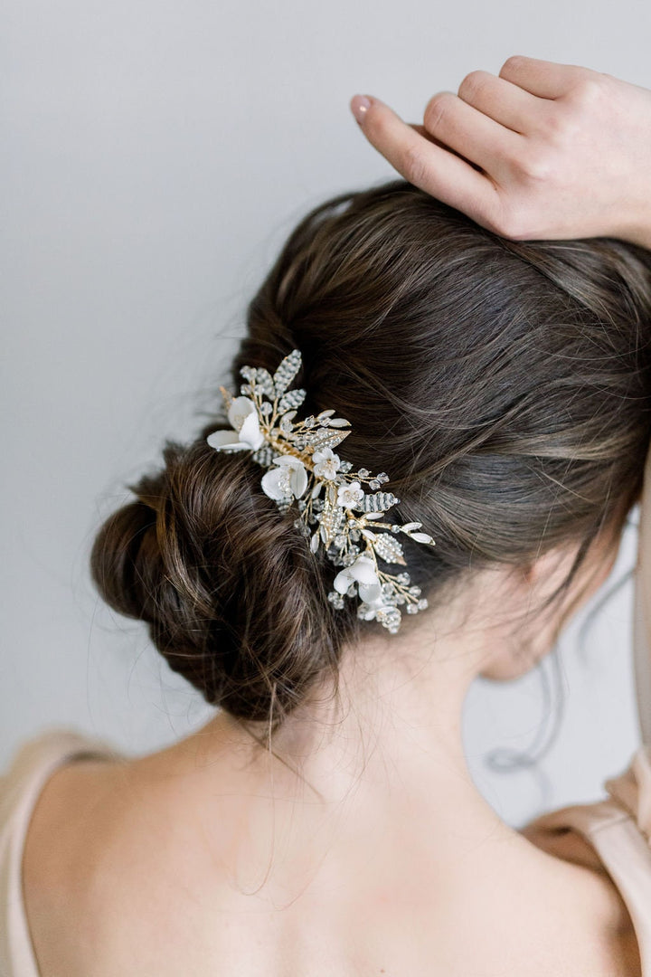 Gold Wedding Hair Comb Porcelain Flowers, Gold Floral Wedding Hair Comb, Crystal Clay Flower Bridal Hair Comb - clay flowers, seed beads, metal leaves, wire, metal comb, crystals, rhinestones