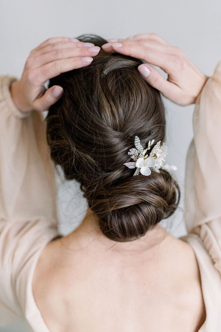 Gold Wedding Hair Comb Porcelain Flowers, Gold Floral Wedding Hair Comb, Crystal Clay Flower Bridal Hair Comb - clay flowers, seed beads, metal leaves, wire, metal comb, crystals, rhinestones