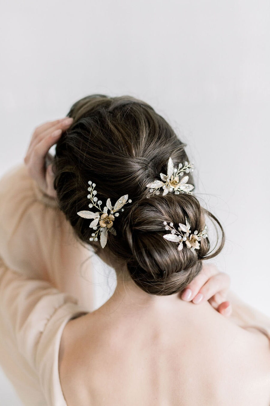 Wedding Hair Pin Gold Floral, Crystal and Gold Bridal Hair Pins, Gold Hair Pins For The Bride - rhinestones, wire, brass rose, metal leaves, U shape pin