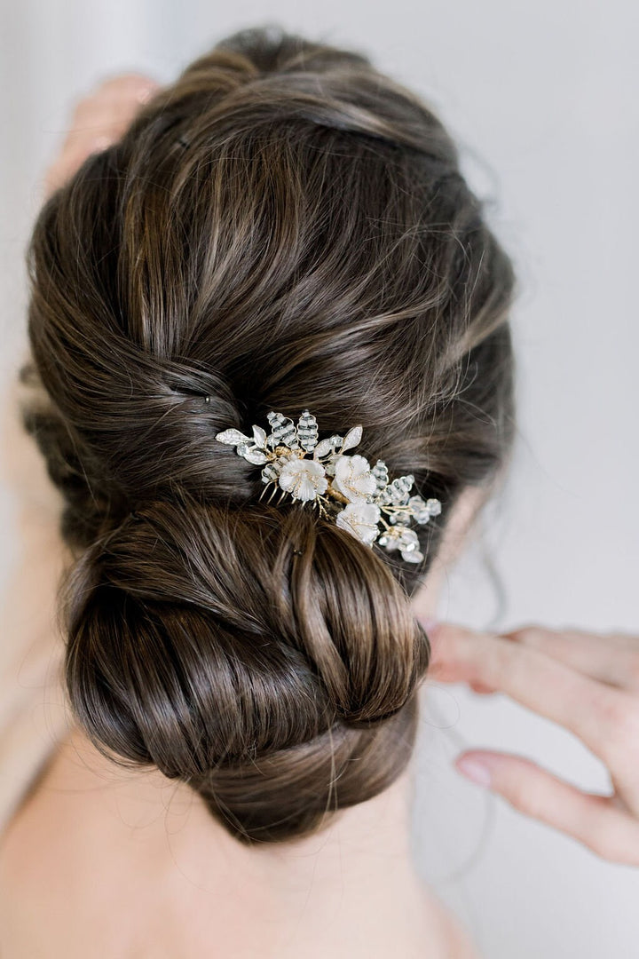 Wedding Hair Comb with Porcelain Flowers, Small Gold Floral Hair Comb for Bride, Crystal Clay Flower Bridal Hair Comb - clay flowers, seed beads, metal leaves, wire, metal comb, crystals, rhinestones