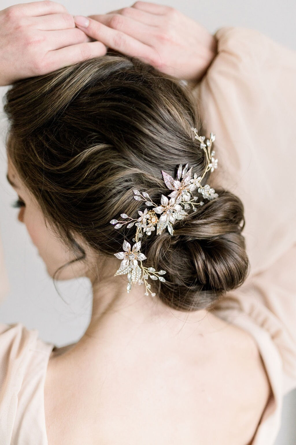 Gold Bridal Headpiece with Crystals, Gold Wedding Vine Hair Comb, Bridal Floral Crystal Headpiece, Gold Wedding Hair Comb - crystal rhinestones, gold metal settings, wire, gold toned comb, faux pearls