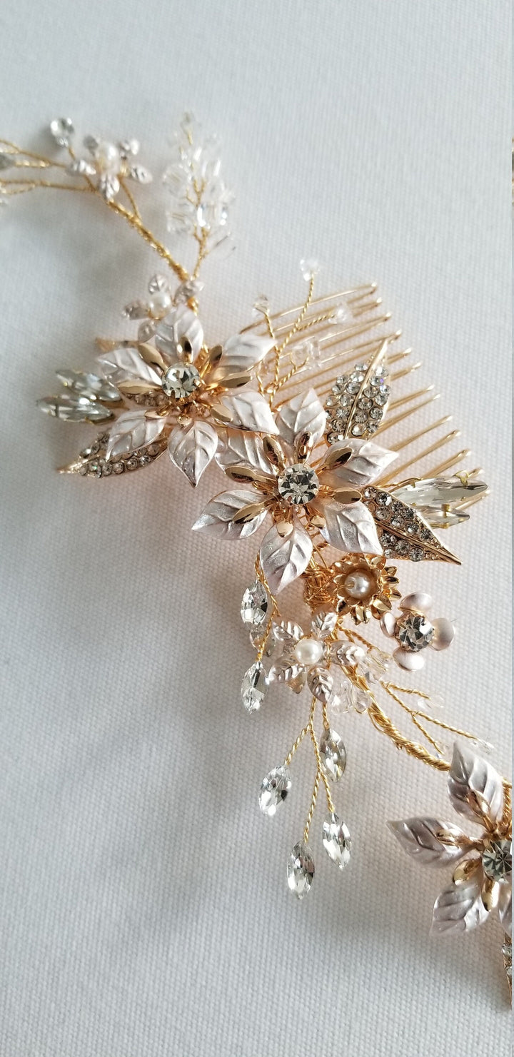 Gold Bridal Headpiece with Crystals, Gold Wedding Vine Hair Comb, Bridal Floral Crystal Headpiece, Gold Wedding Hair Comb - crystal rhinestones, gold metal settings, wire, gold toned comb, faux pearls