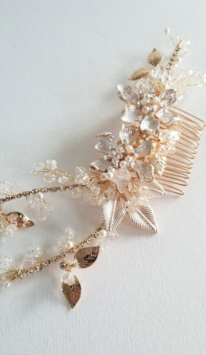 Gold Floral Wedding Hair Vine, Gold Wedding Headpiece, Gold Leaf Twig Bridal Hair Comb - metal leaves, wire, faux pearls, freshwater pearls, metal flowers