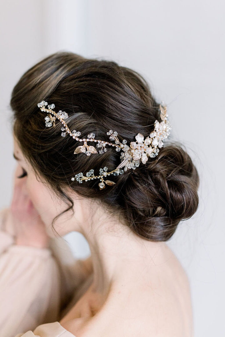 Gold Floral Wedding Hair Vine, Gold Wedding Headpiece, Gold Leaf Twig Bridal Hair Comb - metal leaves, wire, faux pearls, freshwater pearls, metal flowers