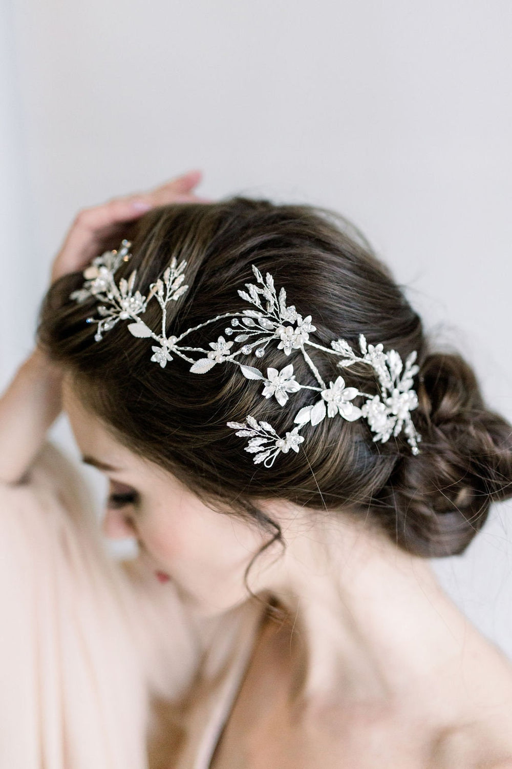 Silver Floral Wedding Hair Vine, Silver Wedding Headpiece, Silver Leaf Twig Bridal Hair Vine - metal leaves, wire, freshwater pearls, metal flowers, rhinestones