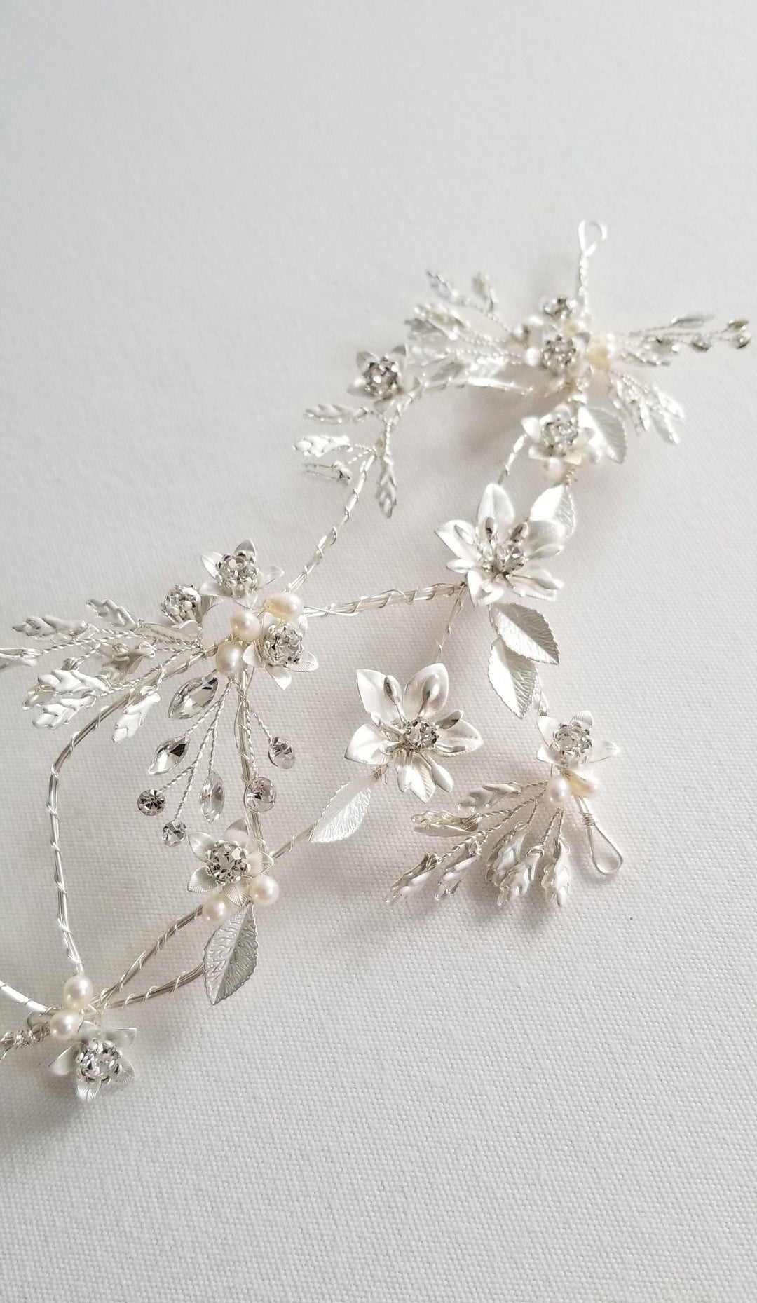 Silver Floral Wedding Hair Vine, Silver Wedding Headpiece, Silver Leaf Twig Bridal Hair Vine - metal leaves, wire, freshwater pearls, metal flowers, rhinestones