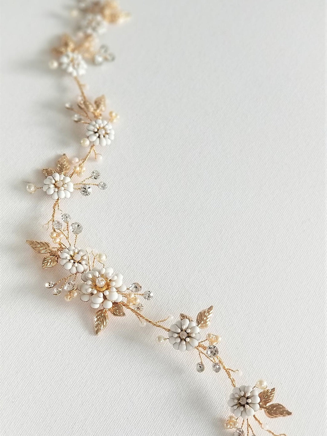 Bridal Hair Vine, Gold Floral Wedding Hair Vine, Gold Wedding Headpiece, Gold Leaf Twig Bridal Hair Vine - metal leaves, wire, faux pearls, freshwater pearls, metal flowers