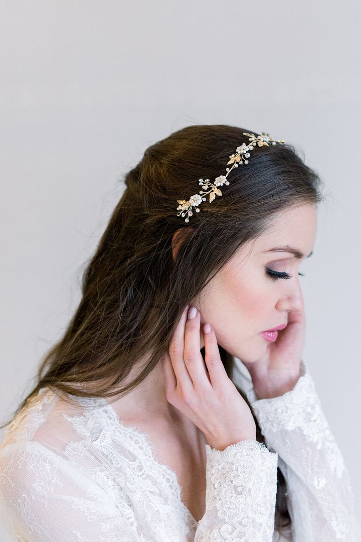 Bridal Hair Vine, Gold Floral Wedding Hair Vine, Gold Wedding Headpiece, Gold Leaf Twig Bridal Hair Vine - metal leaves, wire, faux pearls, freshwater pearls, metal flowers