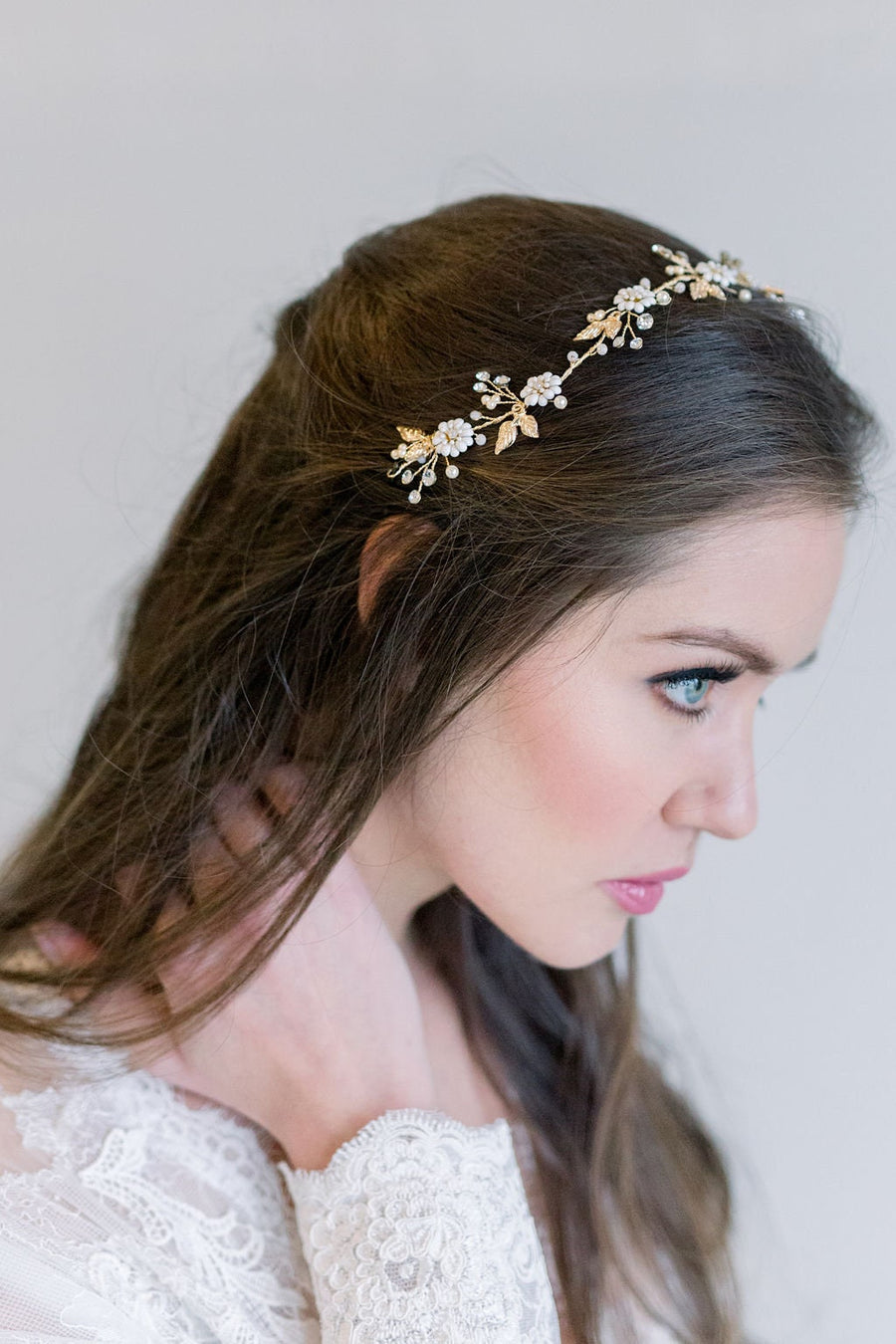 Bridal Hair Vine, Gold Floral Wedding Hair Vine, Gold Wedding Headpiece, Gold Leaf Twig Bridal Hair Vine - metal leaves, wire, faux pearls, freshwater pearls, metal flowers