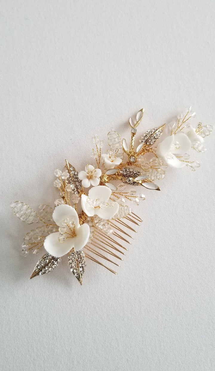 Gold Wedding Hair Comb Porcelain Flowers, Gold Floral Wedding Hair Comb, Crystal Clay Flower Bridal Hair Comb - clay flowers, seed beads, metal leaves, wire, metal comb, crystals, rhinestones