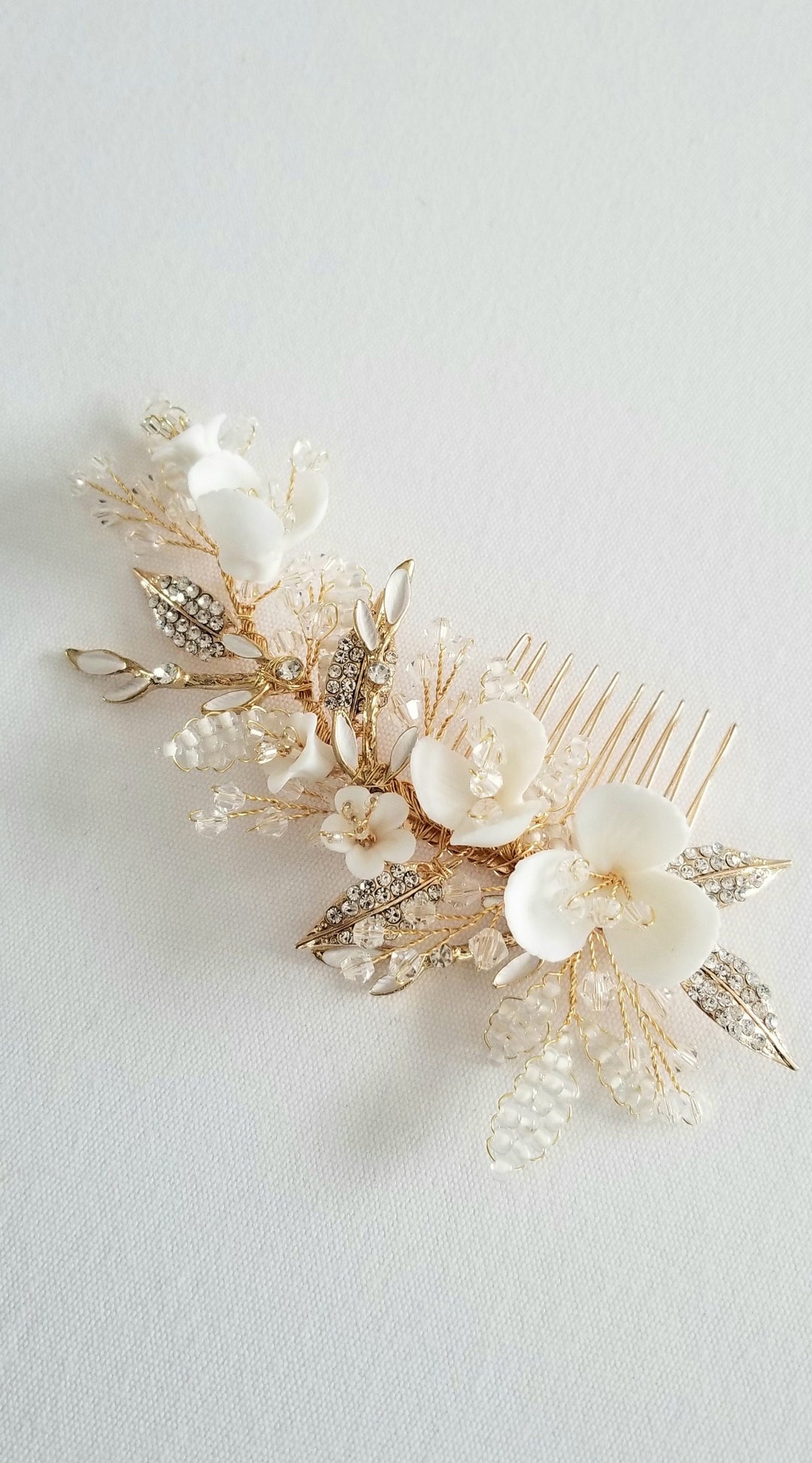 Gold Wedding Hair Comb Porcelain Flowers, Gold Floral Wedding Hair Comb, Crystal Clay Flower Bridal Hair Comb - clay flowers, seed beads, metal leaves, wire, metal comb, crystals, rhinestones