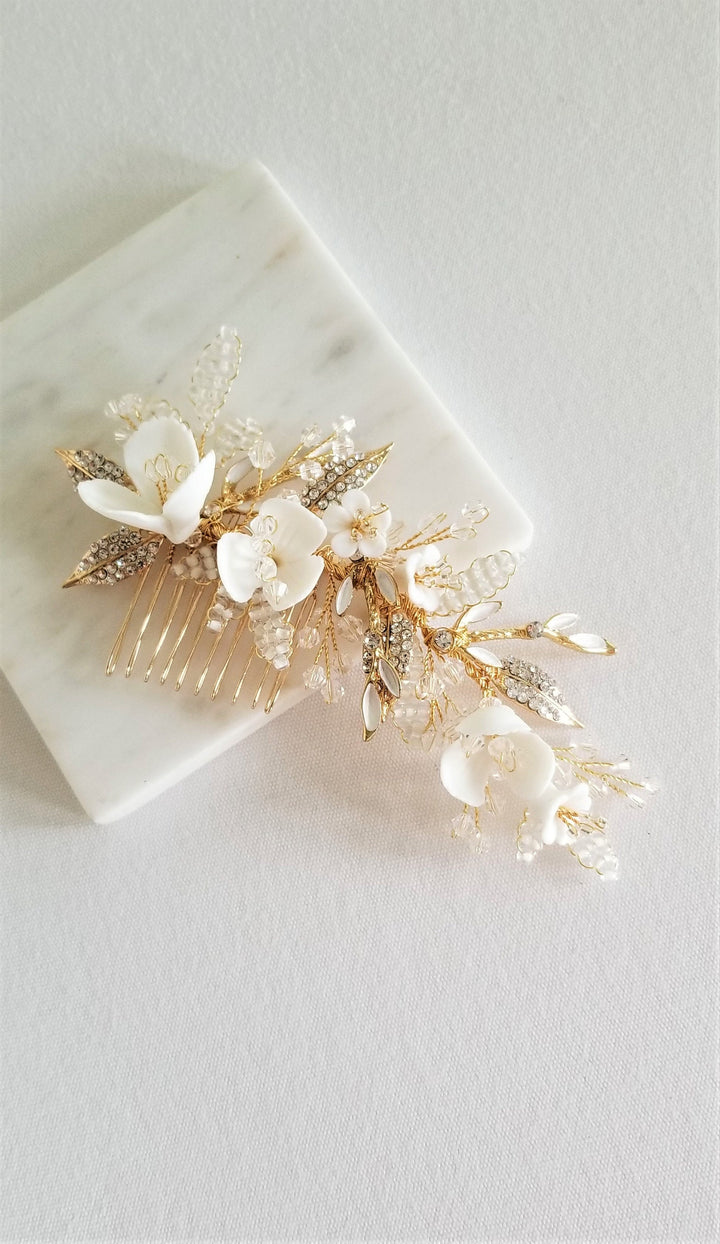 Gold Wedding Hair Comb Porcelain Flowers, Gold Floral Wedding Hair Comb, Crystal Clay Flower Bridal Hair Comb - clay flowers, seed beads, metal leaves, wire, metal comb, crystals, rhinestones