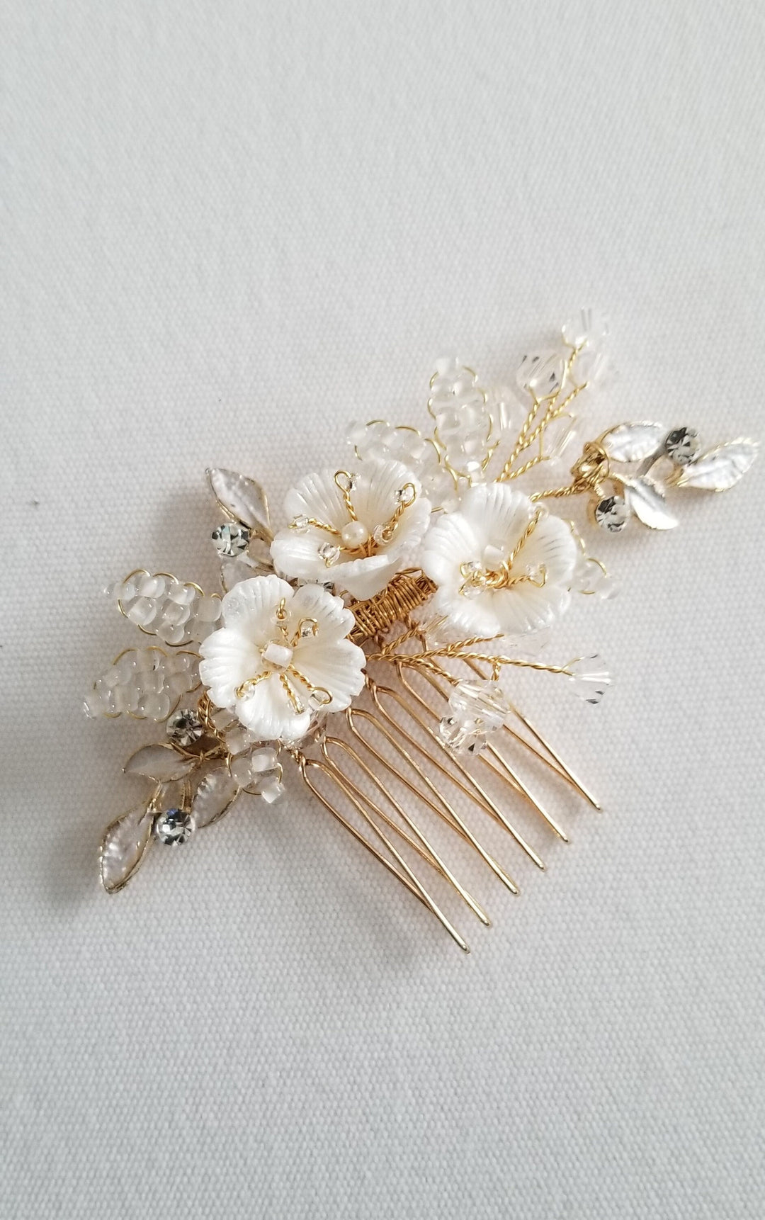 Wedding Hair Comb with Porcelain Flowers, Small Gold Floral Hair Comb for Bride, Crystal Clay Flower Bridal Hair Comb - clay flowers, seed beads, metal leaves, wire, metal comb, crystals, rhinestones