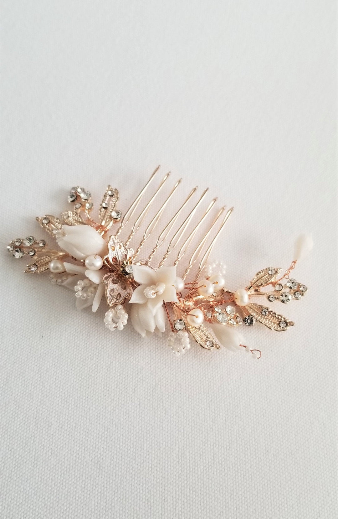 Rose Gold Wedding Hair Comb Clay Flowers, Rose Gold Floral Wedding Hair Comb, Crystal Clay Flower Bridal Hair Comb - seed beads, metal leaves, wire, metal comb, rhinestones, freshwater pearls, polymer clay flowers