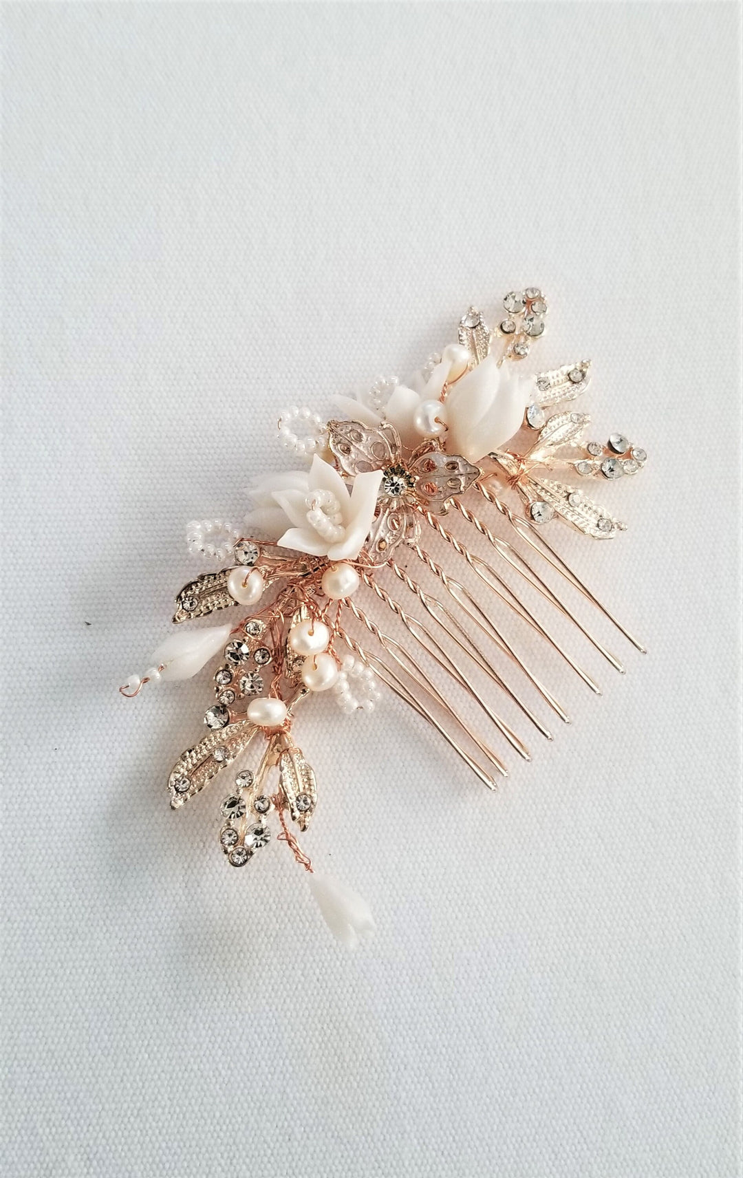 Rose Gold Wedding Hair Comb Clay Flowers, Rose Gold Floral Wedding Hair Comb, Crystal Clay Flower Bridal Hair Comb - seed beads, metal leaves, wire, metal comb, rhinestones, freshwater pearls, polymer clay flowers