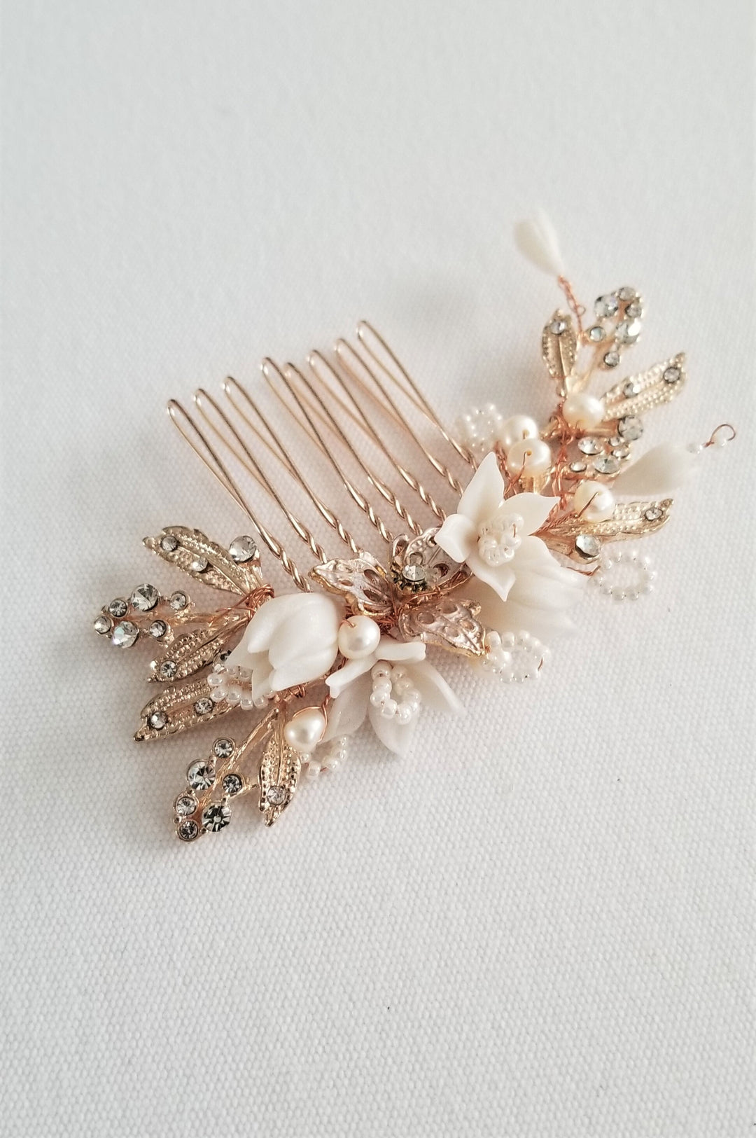 Rose Gold Wedding Hair Comb Clay Flowers, Rose Gold Floral Wedding Hair Comb, Crystal Clay Flower Bridal Hair Comb - seed beads, metal leaves, wire, metal comb, rhinestones, freshwater pearls, polymer clay flowers