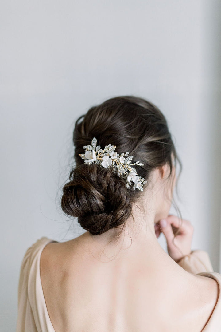 Gold Wedding Hair Comb Porcelain Flowers, Gold Floral Wedding Hair Comb, Crystal Clay Flower Bridal Hair Comb - clay flowers, seed beads, metal leaves, wire, metal comb, crystals, rhinestones