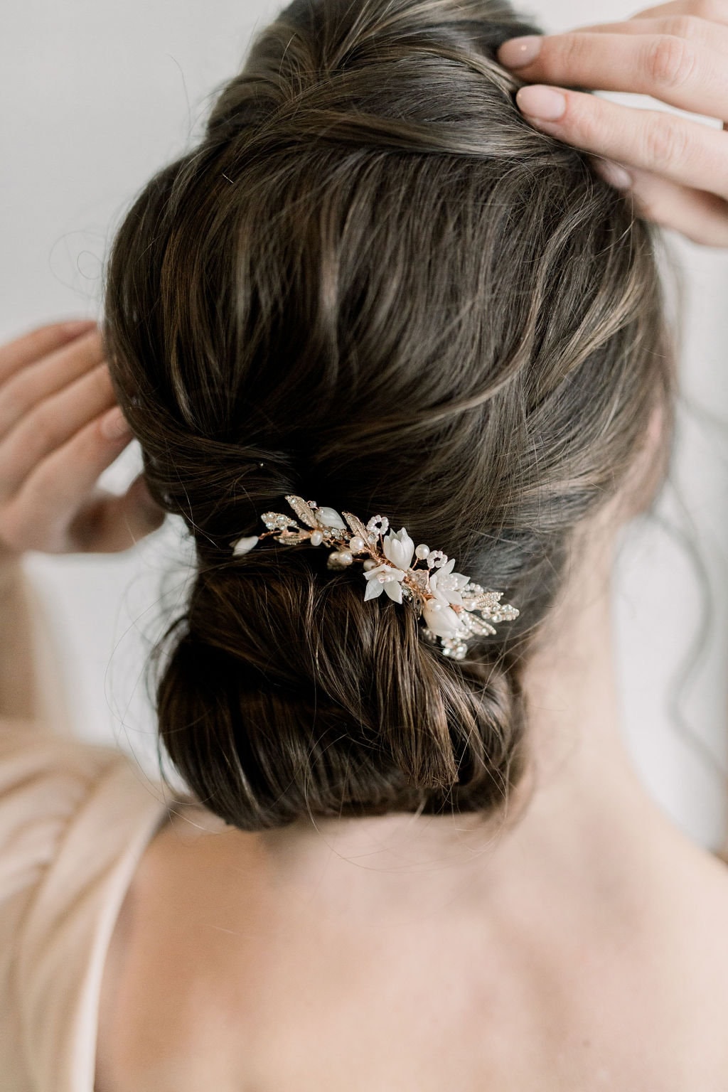 Rose Gold Wedding Hair Comb Clay Flowers, Rose Gold Floral Wedding Hair Comb, Crystal Clay Flower Bridal Hair Comb - seed beads, metal leaves, wire, metal comb, rhinestones, freshwater pearls, polymer clay flowers