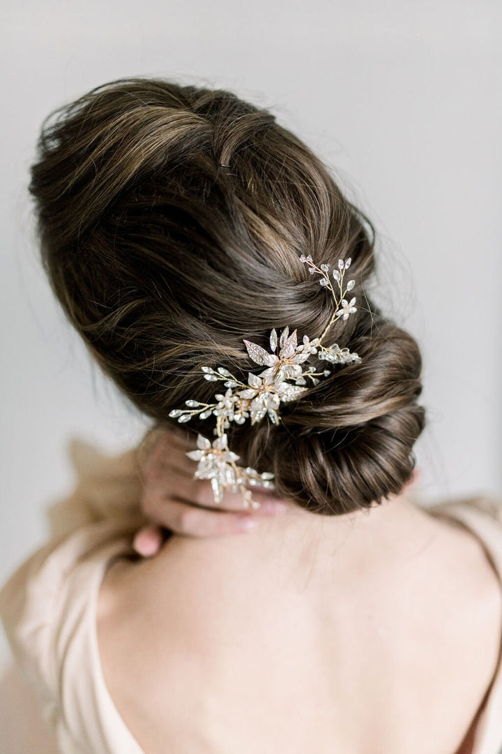 Gold Bridal Headpiece with Crystals, Gold Wedding Vine Hair Comb, Bridal Floral Crystal Headpiece, Gold Wedding Hair Comb - crystal rhinestones, gold metal settings, wire, gold toned comb, faux pearls