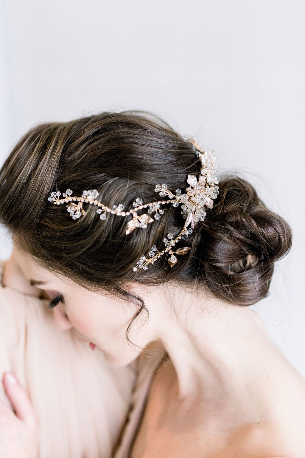 Gold Floral Wedding Hair Vine, Gold Wedding Headpiece, Gold Leaf Twig Bridal Hair Comb - metal leaves, wire, faux pearls, freshwater pearls, metal flowers