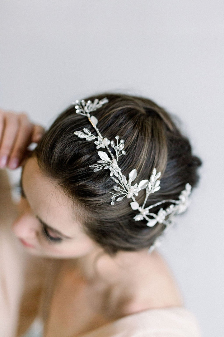 Silver Floral Wedding Hair Vine, Silver Wedding Headpiece, Silver Leaf Twig Bridal Hair Vine - metal leaves, wire, freshwater pearls, metal flowers, rhinestones