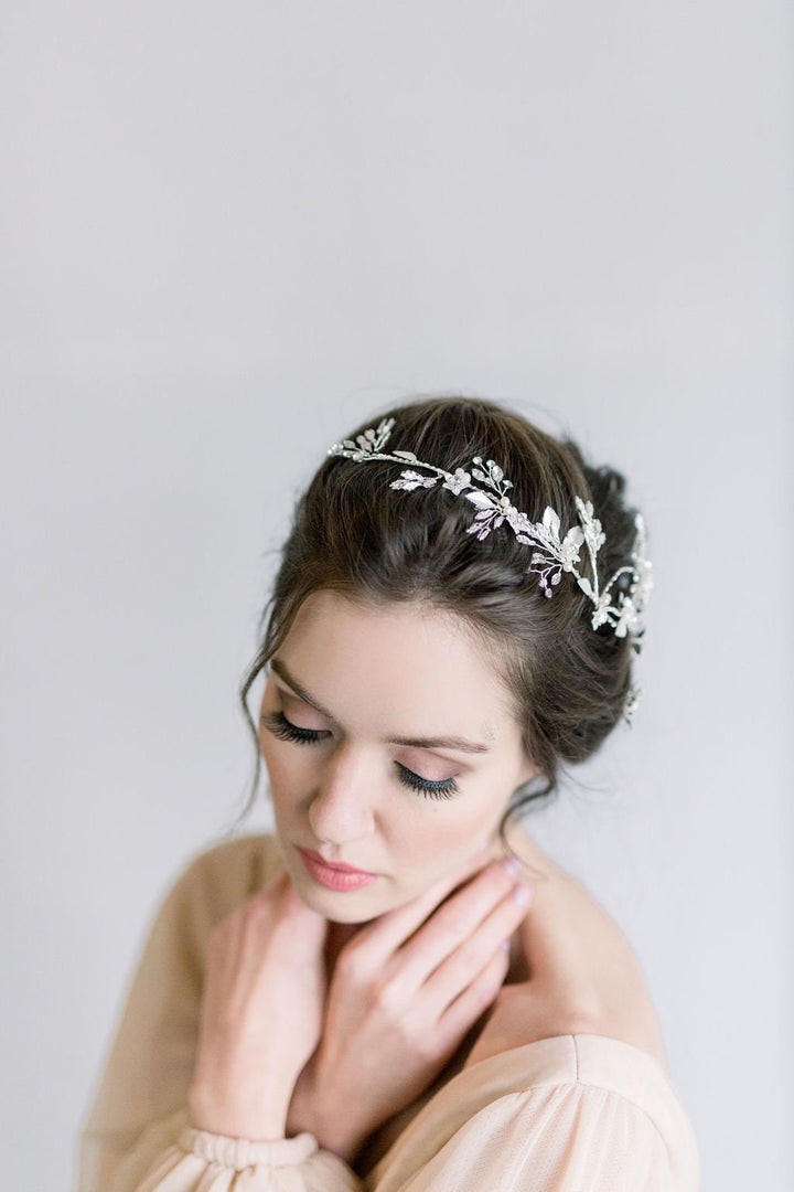 Silver Floral Wedding Hair Vine, Silver Wedding Headpiece, Silver Leaf Twig Bridal Hair Vine - metal leaves, wire, freshwater pearls, metal flowers, rhinestones