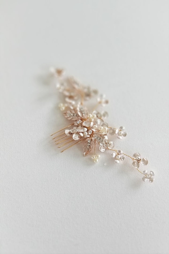 Gold Floral Wedding Hair Comb, Pearl and Crystal Bridal Hair Comb, Wedding Hair Accessory For The Bride - Swarovski pearls, metal comb, wire, rhinestones, metal leaves, metal flowers