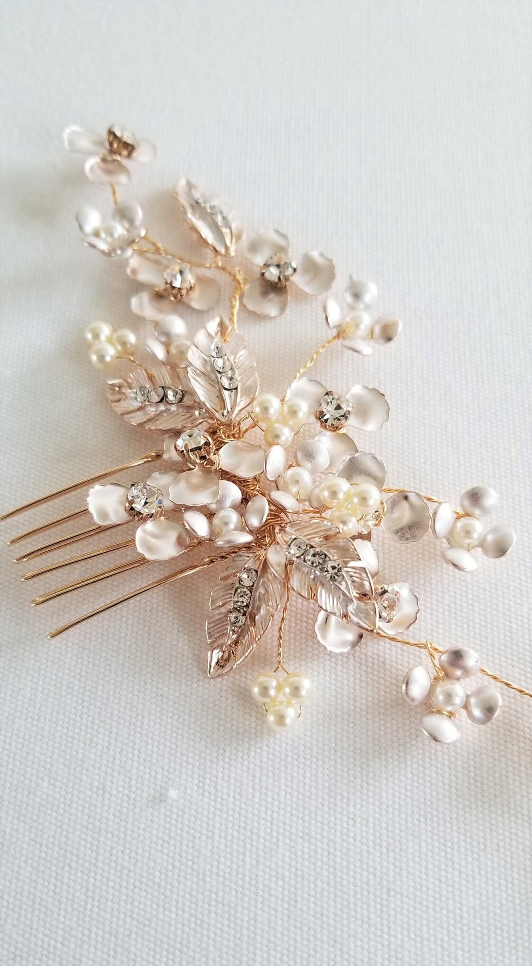 Gold Floral Wedding Hair Comb, Pearl and Crystal Bridal Hair Comb, Wedding Hair Accessory For The Bride - Swarovski pearls, metal comb, wire, rhinestones, metal leaves, metal flowers