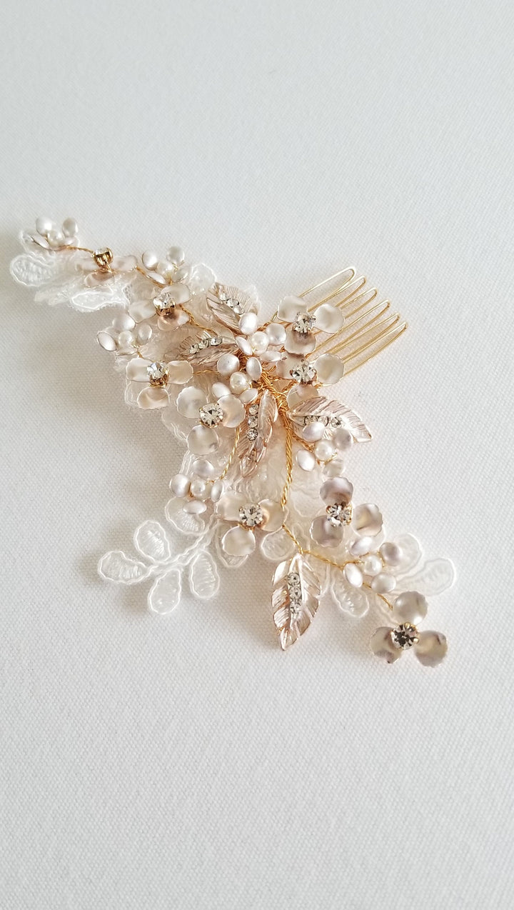 Gold Floral Wedding Hair Comb, Pearl and Crystal Bridal Hair Comb, Wedding Hair Accessory For The Bride - Swarovski pearls, metal comb, wire, rhinestones, metal leaves, metal flowers