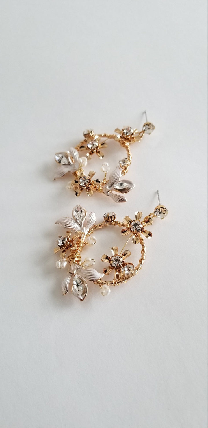 Floral Wedding Hoop Earrings, Gold Crystal and Pearl Bridal Earrings, Gold Statement Bridal Earrings - metal hoops, rhinestones, studs, screw backs, wire, freshwater pearls