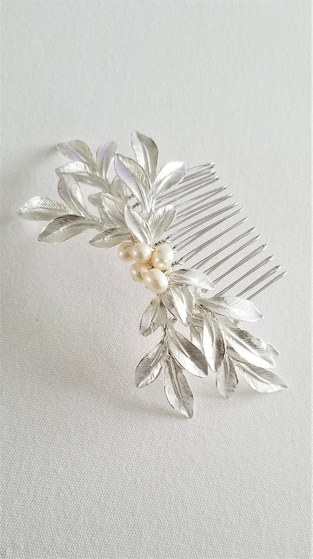 Gold Leaf Hair Comb, Bridal Hair Comb, Gold Wedding Headpiece, Silver Pearl Hair Comb, Olive Branch Hair Comb - wire, metal comb, metal leaves, freshwater pearls