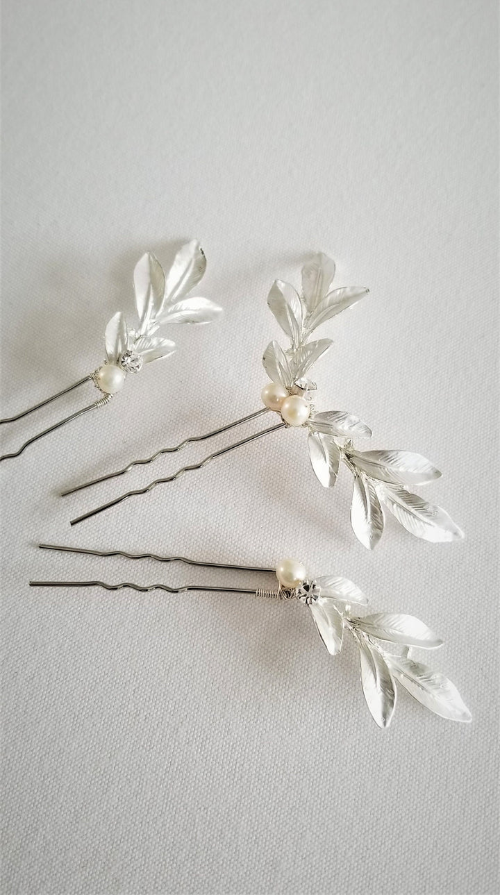 Wedding Hair Pins Gold Leaf, Gold Hair Pins, Bridal Hair Pins, Olive Branch Hair Pins, Silver Leaf Hair Pins - metal hair pin, wire, metal leaves, freshwater pearls, crystal rhinestones